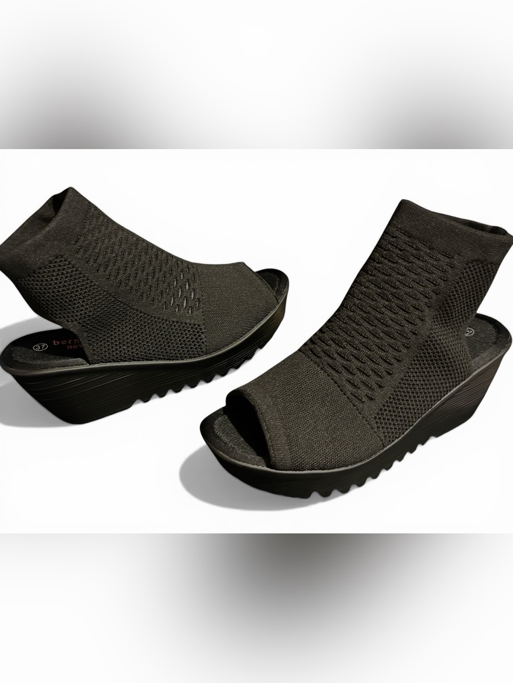 Women’s Black Woven Open toe Open Back Wedge booties